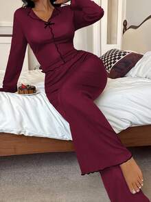 SHEIN Women's Black & Red Contrast Trim Slim Fit Long Sleeve Top & Pants Pajama Set, Autumn/Winter, Fall Clothes, Cozy Outfit - Burgundy - View 6