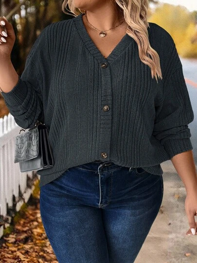 SHEIN LUNE Plus Size Women's Solid Color Single-Breasted Casual Ribbed T-Shirt/Fall/Winter Plus Size Ribbed Knit Cardigan Cardigan Women V Neck Cardigan Solid Color Cardigan Ribbed Knit Sweater