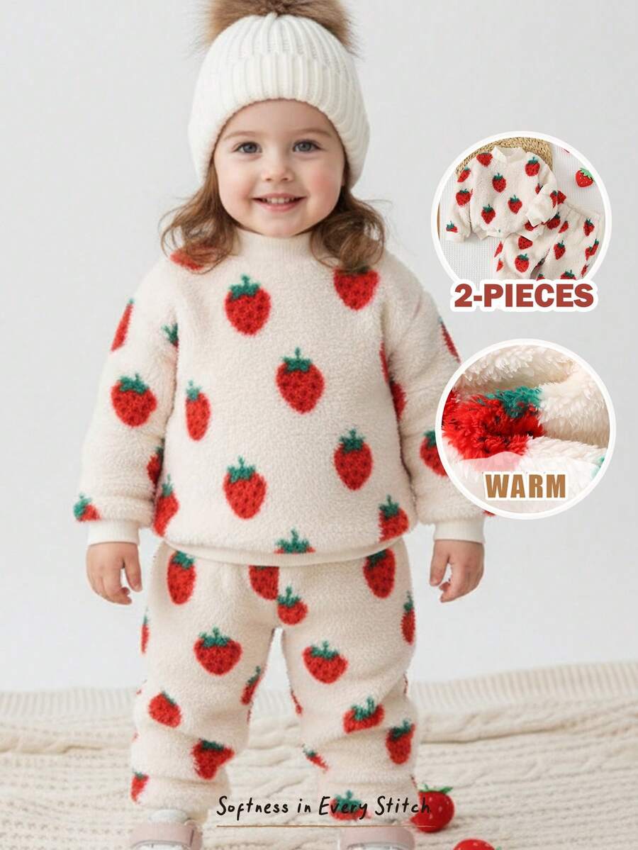 Cozy Pixies 2pcs Baby Girl Strawberry Pattern Thermal Lined Crew Neck Long Sleeve Sweatshirt Set, Suitable For Autumn/Winter Fall - Apricot - View 1