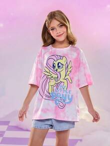 My Little Pony X SHEIN Tween Girl Casual Everyday Commute Cute Cartoon & Letter & Tie-Dye Print Oversized T-Shirt, Summer