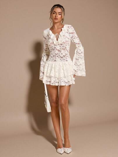 SHEIN BAE Apricot & White Long Sleeve Lace Bodycon Ruffle Hem Mini Dress, Lace Dress, Sexy Lace Dress, Going Out Dress, Autumn Women's Wear, Old Money, Sexy Minimalist, Party Cocktail, Formal Occasion, Black Dress, Brunch Dress