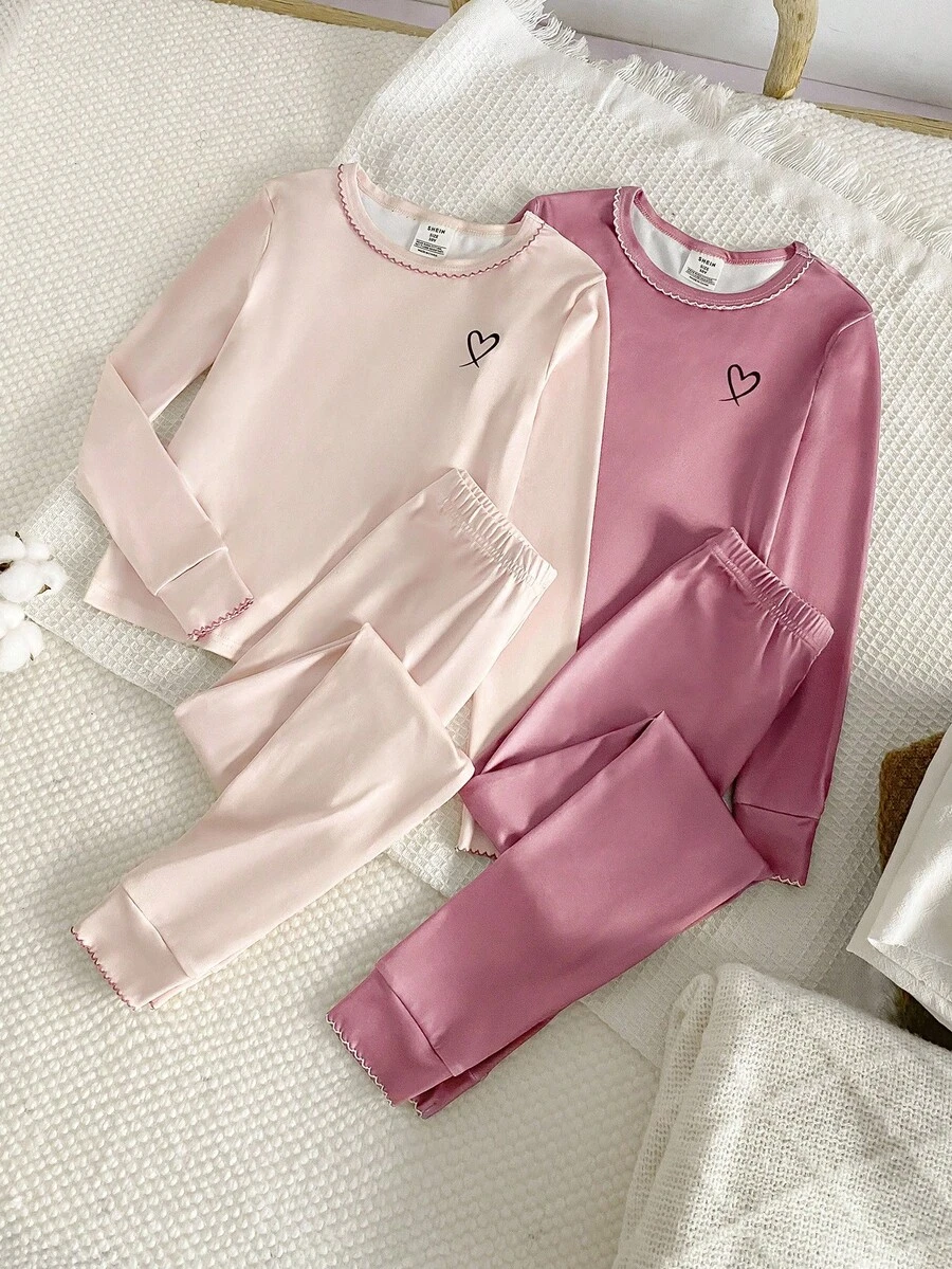 SHEIN Vintaside Kids 女童简约优雅长袖上衣和裤子舒适睡衣套装 - 彩色 - 查看 1