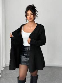 Elenzga Plus Size Women Casual Solid Color Cinched Waist Cardigan, Autumn/Winter Fall Cloth , Halloween - Black - View 4