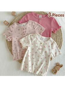 Loomiva Set de 3 blusas de punto de manga corta y cuello redondo suave con estampado floral diminuto para bebé niña - Rosa - Ver 1