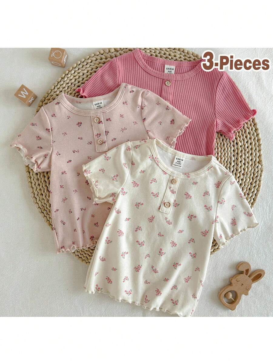 Loomiva Set de 3 blusas de punto de manga corta y cuello redondo suave con estampado floral diminuto para bebé niña - Rosa - Ver 1