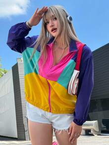 Muchica Cazadora de color combinado de hombros caídos cremallera - Multicolor - Ver 2