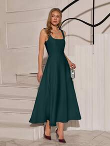 EURMUSE Women's Solid Color Square Neck Sleeveless Elegant Long Dress - Green - View 3