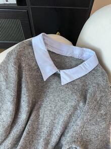 SHEIN Clasi Plus Size Colorblock Patchwork Knit Sweater, Casual For Autumn/Winter - Grey - View 3