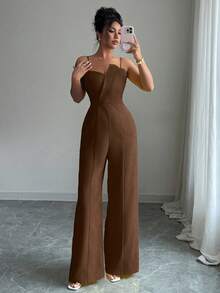 Selianne 女士纯色蕾丝抹胸设计收腰阔腿优雅连体裤，适合通勤和日常穿着 - 巧克力棕 - 查看 4