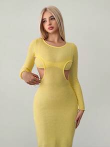 SHEIN ICON Women's Mustard Yellow Knitted Hollow-Out Sheer Long Sleeve Bodycon Dress In Fall/Winter - Yellow - View 1