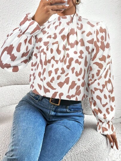 SHEIN Frenchy Camisa de manga larga elegante con cuello plisado y estampado de leopardo