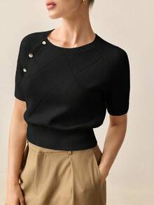 BizChic Damen Strickoberteil mit Diamantmuster, rundem Ausschnitt und seitlichen Knöpfen, modern, elegant, urbaner Alltag, vielseitig einsetzbar, 90er Jahre Retro-Stil, für Weihnachten, Neujahr, romantischen Valentinstag, Partys, Strand, Abschluss, Mode, Karneval, Feiertage, Lässig, minimalistisch, geeignet für Hochzeitsgäste, Gastgeber, Dates, Partys, Konzerte, Brunch, Flughafen, Mehrzweck - Schwarz - Übersicht 7