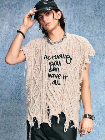 Grunge Punk Chaleco de punto holgado con bordado de eslogan y efecto desgastado para hombre, para otoño e invierno