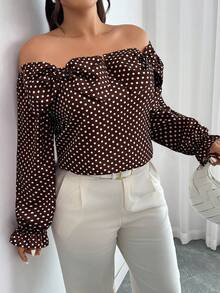 Elenzga Off Shoulder Ruffle Sleeve Floral Decor Polka Dot Print Blouse - Coffee Brown - View 3