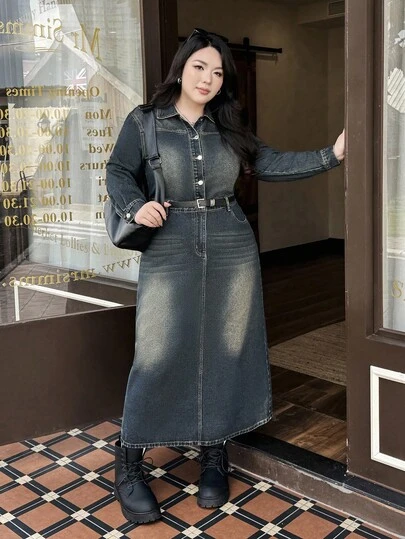 Rivivi 大码女式无弹力牛仔连衣裙，韩版复古风牛仔连衣裙，秋季新款束腰高端牛仔连衣裙