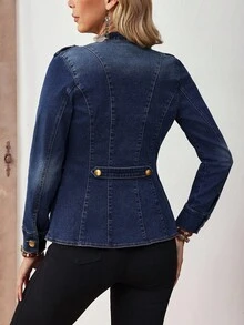 EMERY ROSE 女式休闲水洗牛仔翻领收腰夹克，秋季 - 深色水洗藍 - 查看 2