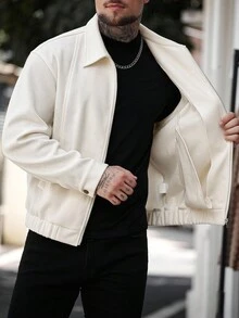 Manfinity CasualCool 男士纯色长袖拉链领口袋休闲夹克，秋冬男士拉链夹克，白色男士夹克，米色男士夹克，短款男士夹克，男士毛衣夹克 - 淡紫色 - 查看 8