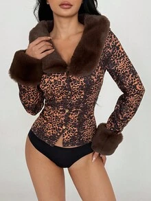 Flirla 1pc Women's Winter Jacket, Brown Patchwork Faux Fur Collar, Rabbit Fur, Deer Suede, Leopard Print, Waist Cinched, Casual & Commute, Slim Fit & Sexy - Brown - View 6