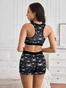 BATMAN X SHEIN Ensemble de lingerie pour femmes avec soutien-gorge à encolure échancrée et culotte à motif géométrique - Noir - Voir 6