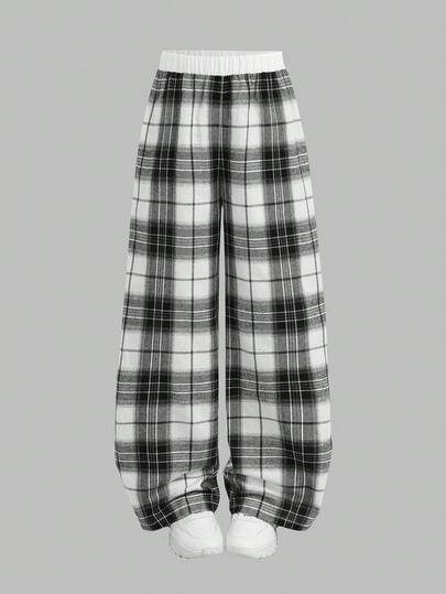 SHEIN Girlism Tween Girls Plaid Daily Wear Microfleece Football/Soccer Black And White Sportswear Wide Leg Pants Fall Winter