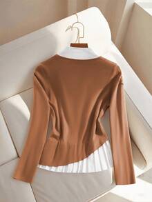 SHEIN Clasi Suéter casual de mujer de talla grande con cuello alto, manga larga, diseño de botones y contraste de color, para otoño/invierno