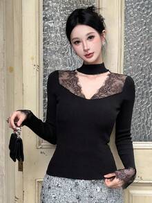 DAZY 女式撞色蕾丝镂空修身长袖毛衣，白色，春秋 - 黑色 - 查看 4