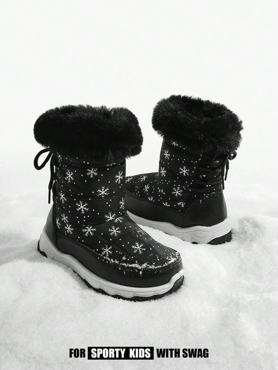JNSQ 1双儿童/青少年黑色卡通雪花时尚保暖雪地靴，带魔术贴，舒适休闲冬季靴，适合日常穿着和运动（图案随机） - 黑色 - 查看 1
