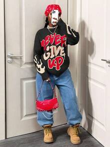 BamGleam Suéter de Tricô Casual Solto Feminino com Bloco de Cores, Inverno - Preto - Visão 5