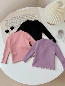 SHEIN LMoss Kids 3 قطع/مجموعة بلوزات بناتية صغيرة ذات لون واحد مع حافة مكسرة، أكمام طويلة، مبطنة حرارياً، للخريف والشتاء - متعدد الألوان - مشاهدة 2