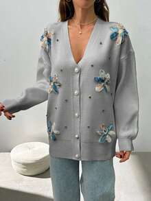 SHEIN Woman Appliques And Rhinestones Detailed Button Front Cardigan - Grey - View 3