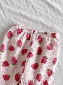 SHEIN 2pcs Newborn Baby Girls' Cute Strawberry Long Sleeve Top Pants Pajama Set Casual Kawaii Sleepwear Autumn Light Pink Clothes Lounge Night - Baby Pink - View 6