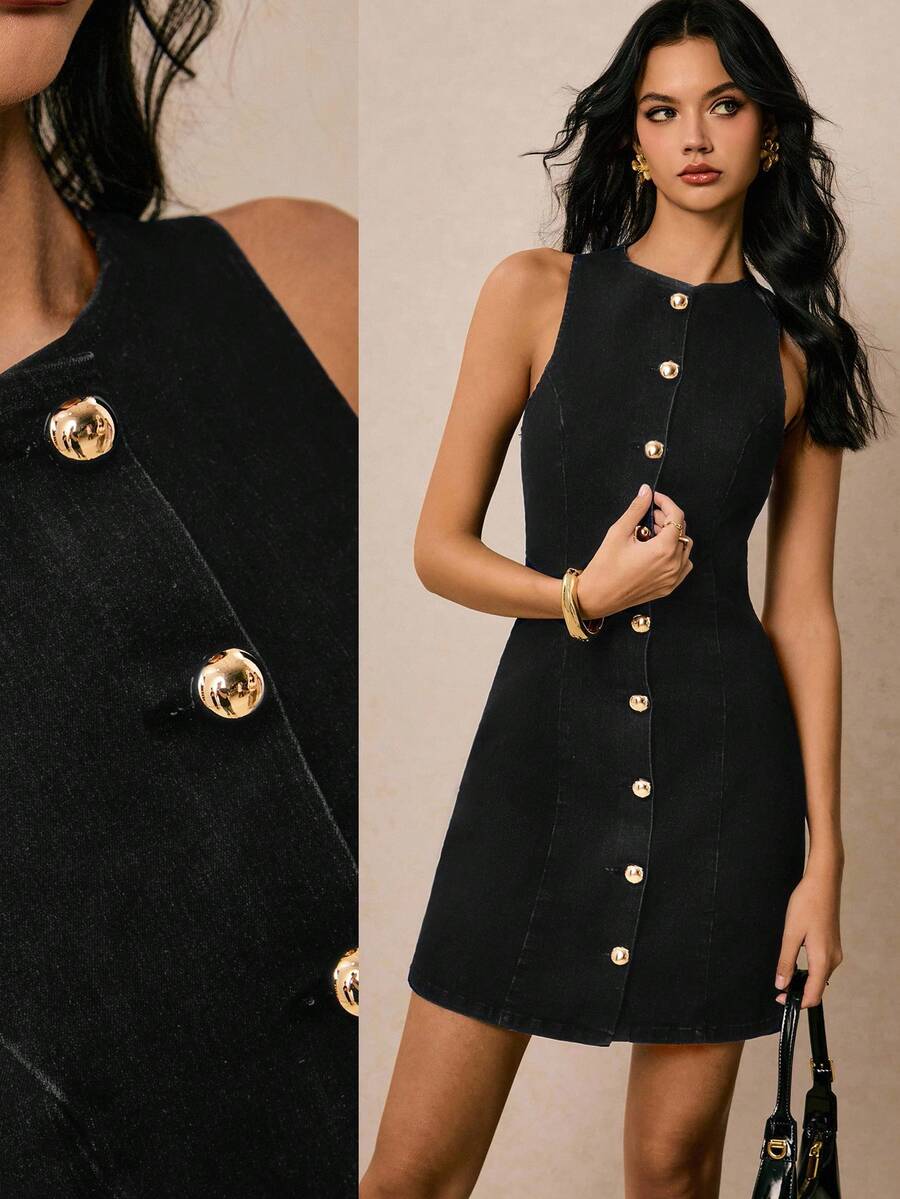 Poéselle Women's Summer Fashion Front Button Sleeveless Denim Dress Black Denim Dress Black Mini Dress Button Dress Vest Dress Casual Black Dress - Black - View 1