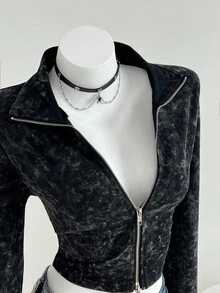 Elamini 1pc Women's Black Sweatshirt, Skin-Friendly Cotton Fabric, Stand Collar, Double-Zipper, Slim Fit Long Sleeve, Casual & Minimalist, Spring/Autumn - Black - View 1