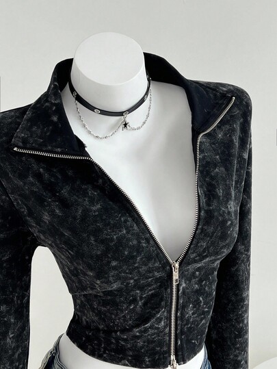 Elamini 1 件女式黑色运动衫，亲肤棉质面料，立领，双拉链，修身长袖，休闲简约，春秋