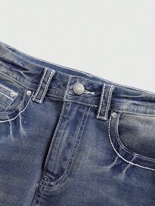 ROMWE J-Fashion Y2K Vintage Low-Waist Butterfly Embroidered Adjustable Contrast Color Denim Mini Skirt For Women - Blue - View 3