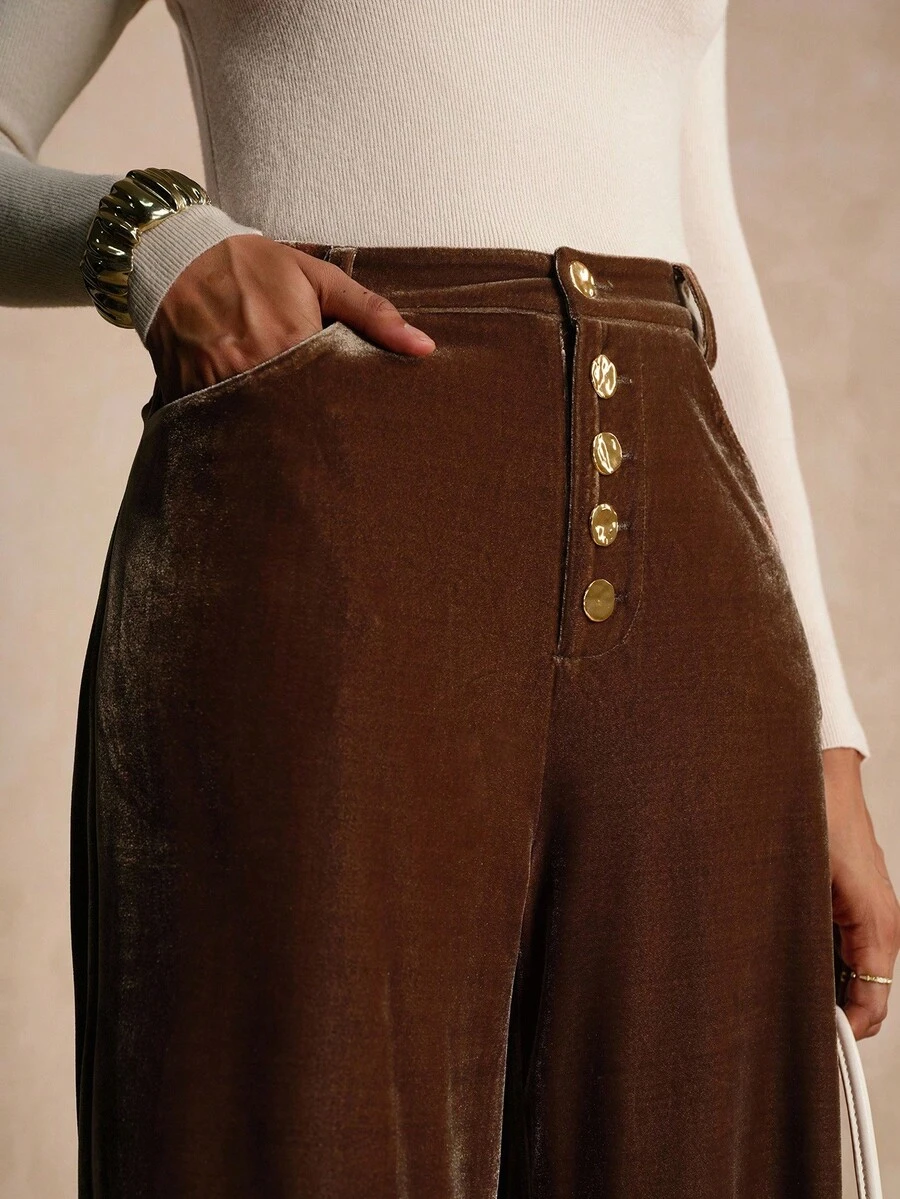 SHEIN Ladiora Quần nhung cổ điển đính nút kim loại dành cho nữ, mùa thu - Cà phê nâu - Xem 1
