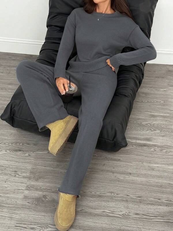SHEIN Tall Women Solid Color Round Neck Long Sleeve Sweater And Long Pants Casual Regular Outfit, Autumn/Winter Grey Two Piece Set,Fall,Cozy Fall And Winter Clothes For Women