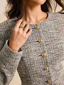 Poéselle 女式圆领前扣开衩修身长袖夹克 - 黑色 - 查看 7