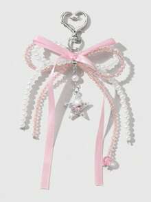 ROMWE Kawaii 1件优雅休闲手工串珠白色仿珍珠水晶粉色丝带蝴蝶结蝴蝶翅膀心形吊坠钥匙扣，适合女性日常佩戴或作为情人节礼物 - 粉色-17 - 查看 16