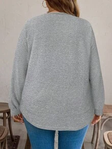 SHEIN LUNE 大码女式纯色简约长袖运动衫，适合日常休闲穿着，必备节日装 - 淺灰色 - 查看 2