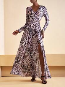 Zivah In Early Autumn And Winter 2025, New Styles For Birthday Parties, Graduation Season, Daily Outings, Basic, Versatile, Casual Vacation, Cruise Travel, Internet Celebrities, Popular, Casual, Elegant, Commuting, Casual, Street Parties, Sexy Deep V-Neck, Long Sleeves, Waist Cutouts, High Side Slits Reaching The Thighs, Pink, Black Zebra Print, Leopard Print, Net Print, Super Long Dress, A Swing Dress, Evening Dress, Women's Super Long Dress -A