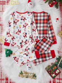 Girls' Christmas Plaid & Santa Claus Gingerbread ,White,Autumn,Fairy,Night,Tight Crew Neck Long Sleeve Pants Snug Fit Homewear Set,High Stretch - Multicolor - View 2