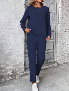 SHEIN PETITE 2pcs Women Long Sleeve Sweatshirt & Pants Set, Pullover Top & Elastic Waist Pants With Drawstring