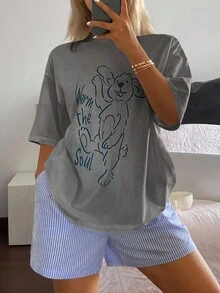 DAZY 狗狗印花宽松T恤上衣和条纹短裤女式睡衣套装 - 灰色 - 查看 3