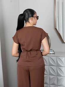 Melissa Matos 女士优雅裹身蝙蝠袖衬衫和宽松阔腿裤两件套，杏色编织，适合夏季外出、约会、度假 - 咖啡棕 - 查看 2