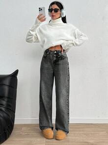 EURMUSE 女式高腰口袋直筒宽松休闲百搭牛仔裤 - 淺灰色 - 查看 3