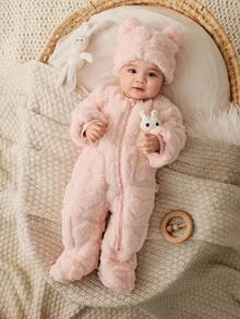 Cozy Pixies Newborn Baby Girl Cartoon Bear Textured Fleece Long Sleeve Romper And Hat 2 Pieces Set