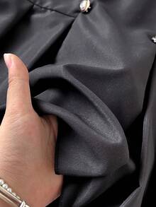 Girls' Cute Black & White Patchwork Dress, Crinkle Hem, Puff Sleeve, Ruffled Collar, Pink Bow Accent, Mesh Ruffle Front - Black - View 6