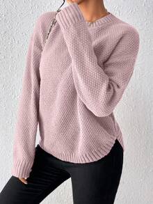 EMERY ROSE 女式纯色圆领落肩长袖休闲套头毛衣，秋冬 - 淺灰紫 - 查看 5