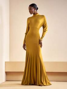 Zivah 2025 秋季新款音乐节西部游牧风格生日派对毕业典礼大学生日常休闲度假巡航海滩日光浴病毒式街头风格万圣节服装婚礼宾客波西米亚风通勤早午餐商务休闲机场派对节日优雅长袖立领合身 A 字形开叉下摆性感 - 芥末黃 - 查看 3